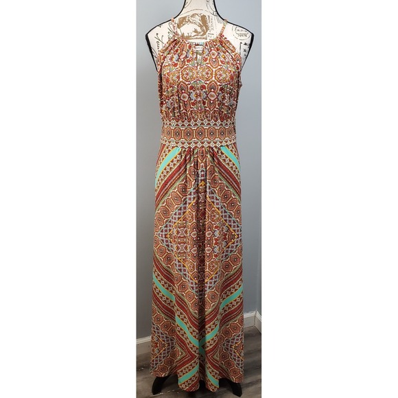 London Times Dresses & Skirts - London Times Maxi Dress Womens 12 Multi Patterned Sleeveless Pleated Halter Neck